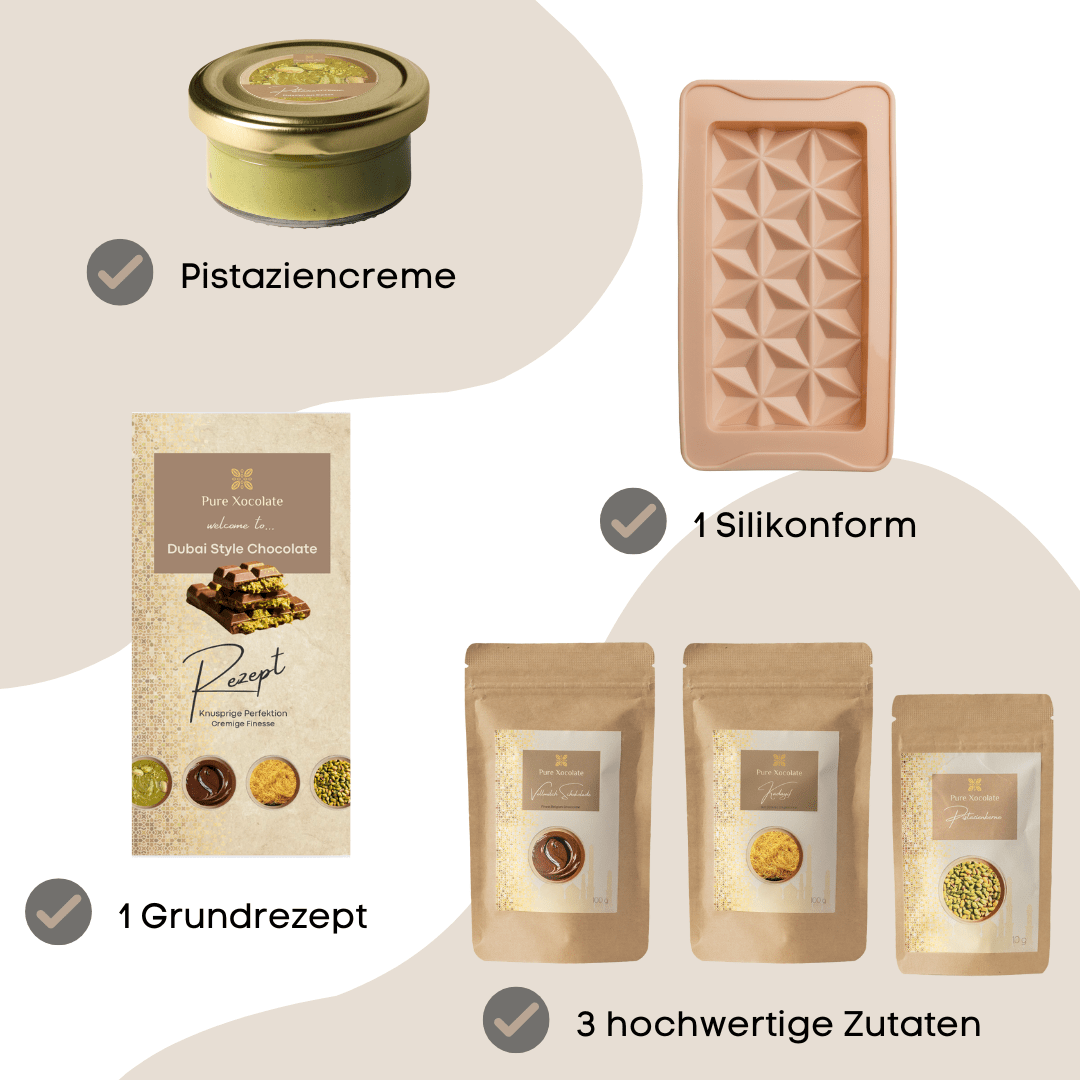 DIY Dubai - Style Schokoladen Set - Pure Xocolate - DIY - Set Geschenk - Set - DIY Dubai - Style Schokoladen Set - Pure Xocolate - DIY - Set Geschenk - Set - Dubai Schokoladen Kit mit Pistaziencreme, Rezeptkarte, Schokolade, Engelshaar, Pistazien und hochwertiger Silikonform zum Selbermachen
