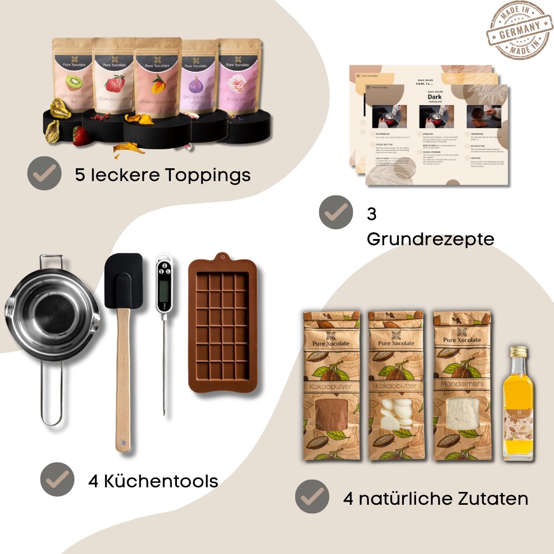 Schokoladen DIY-Komplett-Set (mit Toppings) - Pure Xocolate - DIY-Set Geschenk-Set -