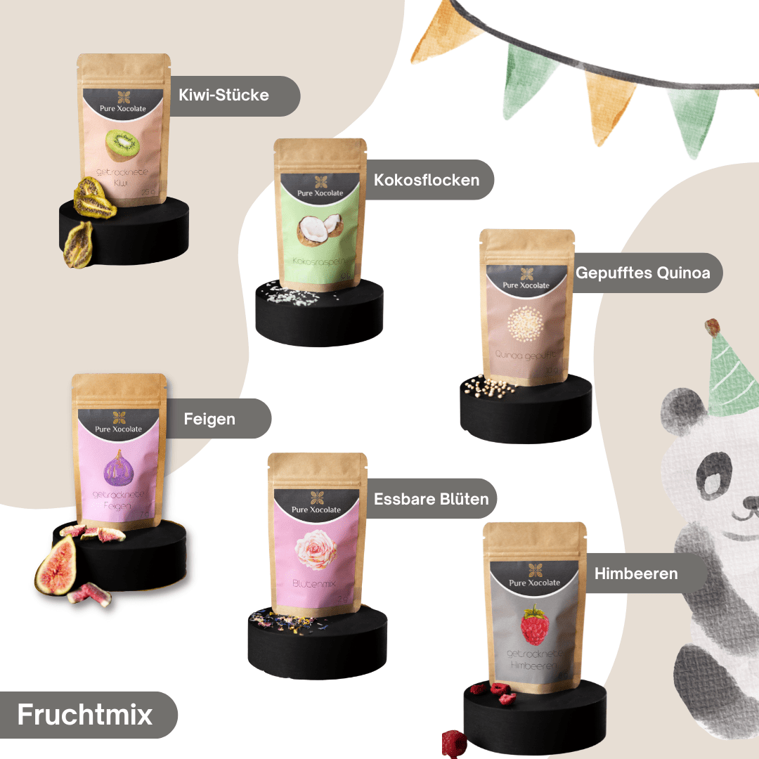 Fruchtmix-Toppings für DIY-Schoko-Kit – gefriergetrocknete Früchte, Blüten & gepufftes Quinoa