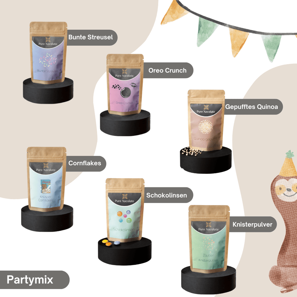 
                  
                    Partymix-Toppings für Kinder Schoko-Set – bunte Zutaten wie Knisterpulver, Schokolinsen & Crunch
                  
                