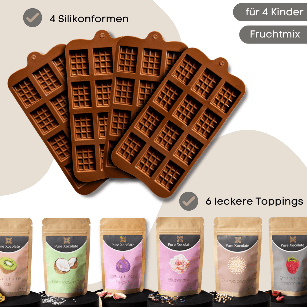 
                  
                    Mitmach-Schoko-Set für 4 Kinder – Mini-Schokotafelformen & 6 natürliche Frucht-Toppings, perfekt für Kindergeburtstage
                  
                