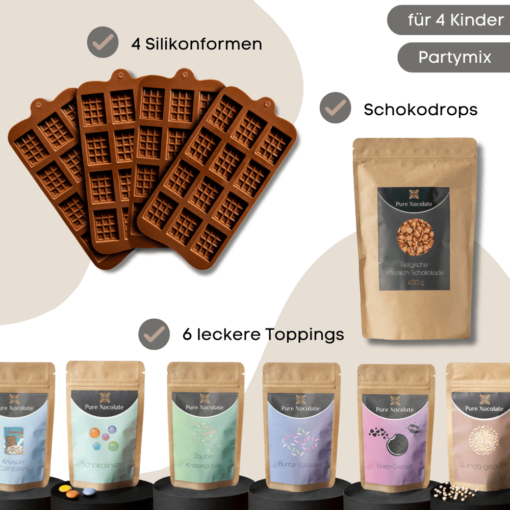 
                  
                    Kinder-Schoko-Set für Geburtstage – Mini-Schokoformen, bunte Partymix-Toppings & 400 g belgische Schokodrops
                  
                