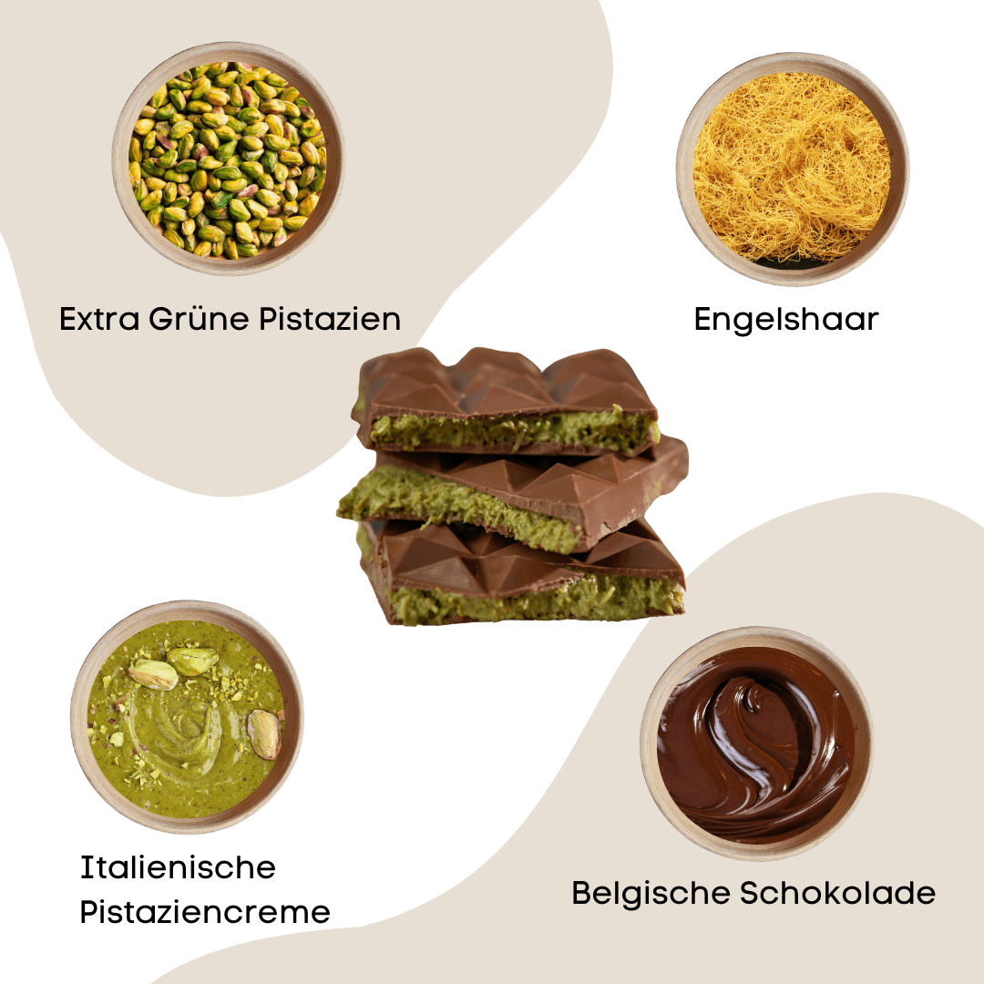 
                  
                    DIY Dubai - Style Schokoladen Set - Pure Xocolate - DIY - Set Geschenk - Set - DIY Dubai - Style Schokoladen Set - Pure Xocolate - DIY - Set Geschenk - Set - Zutaten für DIY Dubai Schokolade: Belgische Schokolade, italienische Pistaziencreme, Engelshaar und grüne Pistazien in hochwertigen Schalen
                  
                